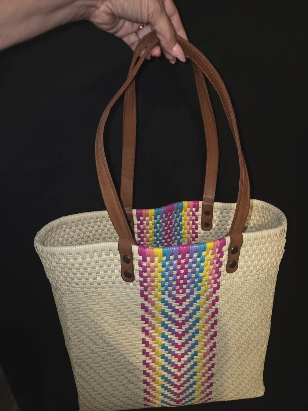 Woven Cream Tote Bag with Colorful Center Weave
